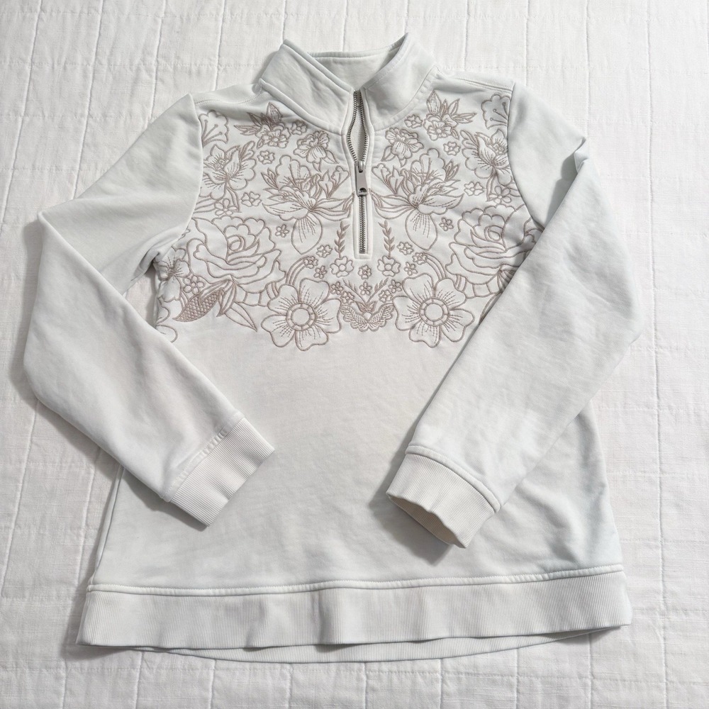 Soft Surroundings Women's Quarter Zip Pullover SMALL Floral Embroidery Ivory